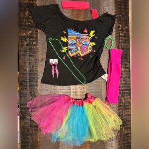 80’s Costume One Shoulder Shirt and Tulle Skirt Leg Warmers Headband Jewelry